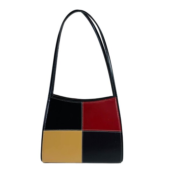 Y2K Colorblock Patchwork Shoulder Bag With Long Straps Faux Leather Purse VTG - Picture 2 of 12